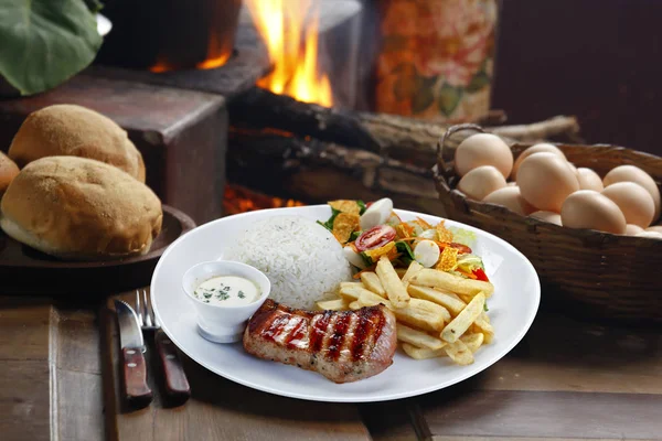 Pork with rice and potatoes — Stock Image Pork with rice and potatoes Royalty Free Stock Images