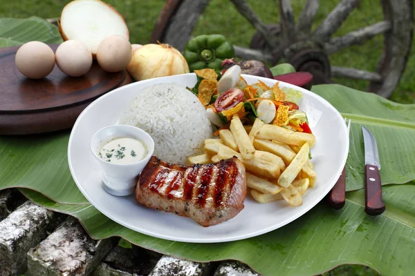 Pork with rice and potatoes — Stock Image Pork with rice and potatoes Stock Image