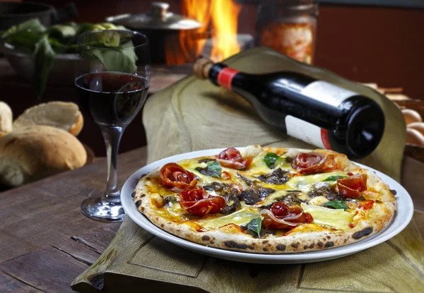 Pizza with glass of wine