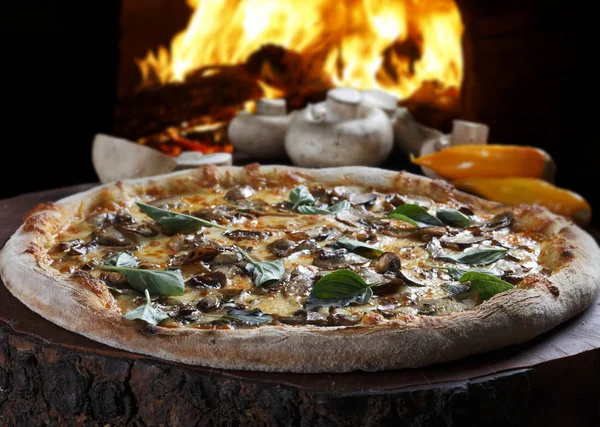 Смачна піца в дров'яній печі — стокове фото