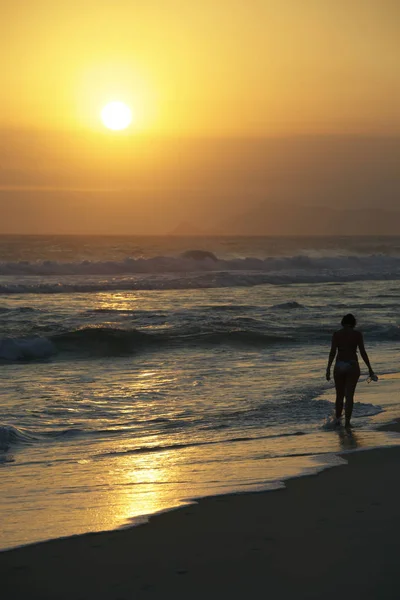 Жінка Вигулює Захід Сонця Пляж Ріо Жанейро — стокове фото