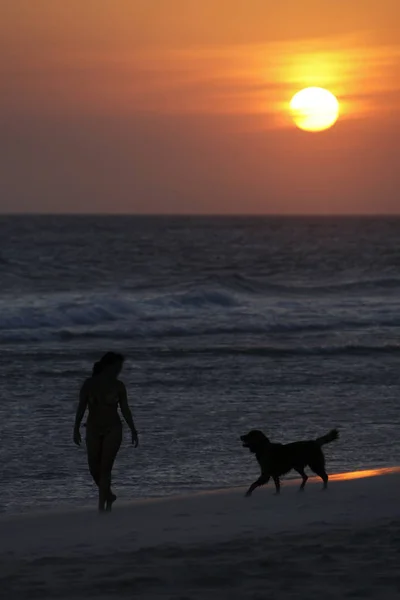 Frau Strand Von Rio Janeiro Bei Sonnenuntergang — Stockfoto