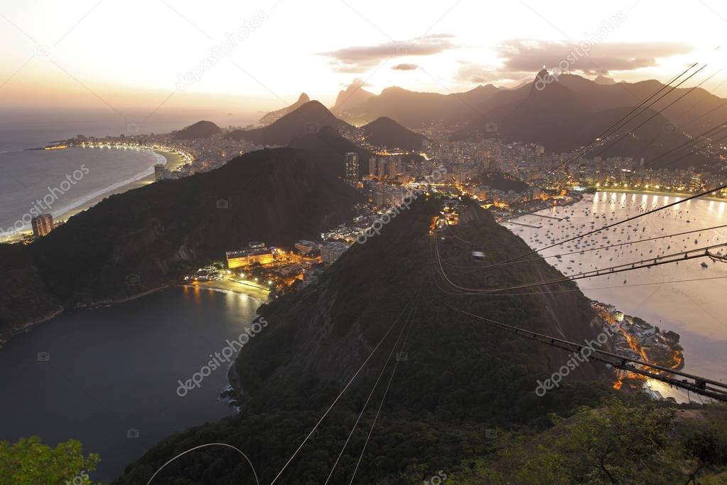 Cable car view of scenic sunset Rio de janeiro, Brazil