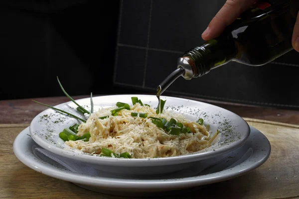 Spaghetti Met Olijf Olie Knoflook Parmezaanse Kaas — Stockfoto