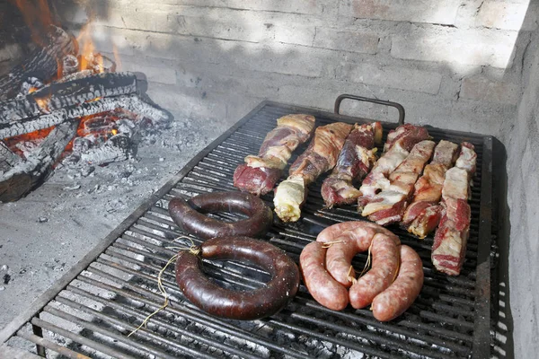 Assortiment Saucisses Barbecue Différentes Viandes Sur Gril — Photo