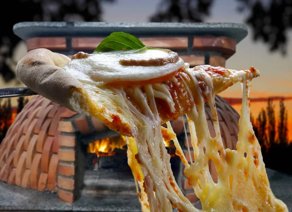 Hot Pizza Slice Melting Cheese Close View — Stock Photo, Image