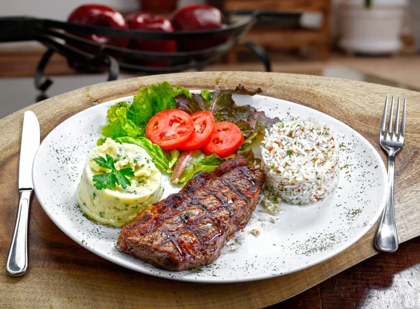 Roast Steak Rice Potatoes Mayonnaise Salad — Stock Photo, Image