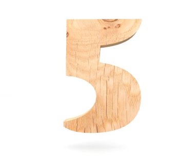 Dekoratif ahşap alfabe sayısı beş simgesi - 5. 3D render illüstrasyon. Beyaz arka plan üzerinde izole