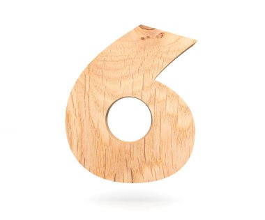 Dekoratif ahşap alfabe sayısı altı simgesi - 6. 3D render illüstrasyon. Beyaz arka plan üzerinde izole