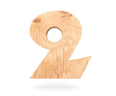 Dekoratif ahşap alfabe sayısı iki simgesi - 2. 3D render illüstrasyon. Beyaz arka plan üzerinde izole