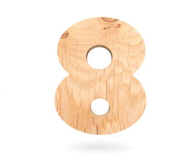 Dekoratif ahşap alfabe sayısı sekiz simgesi - 8. 3D render illüstrasyon. Beyaz arka plan üzerinde izole