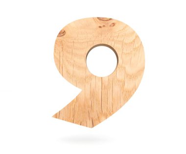 Dekoratif ahşap alfabe sayısı dokuz simgesi - 9. 3D render illüstrasyon. Beyaz arka plan üzerinde izole