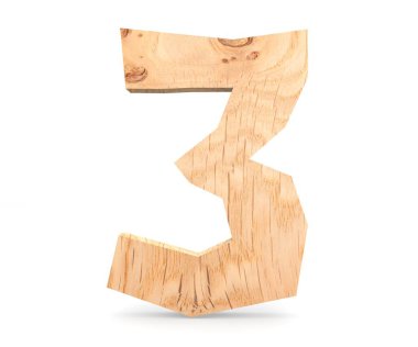 Dekoratif ahşap alfabe sayısı üç simgesi - 3. 3D render illüstrasyon. Beyaz arka plan üzerinde izole