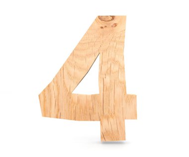 Dekoratif ahşap alfabe sayısı dört simgesi - 4. 3D render illüstrasyon. Beyaz arka plan üzerinde izole