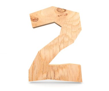Dekoratif ahşap alfabe sayısı iki simgesi - 2. 3D render illüstrasyon. Beyaz arka plan üzerinde izole