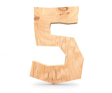 Dekoratif ahşap alfabe sayısı beş simgesi - 5. 3D render illüstrasyon. Beyaz arka plan üzerinde izole