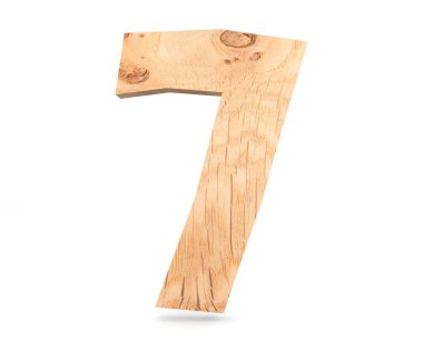 Dekoratif ahşap alfabe sayısı yedi simgesi - 7. 3D render illüstrasyon. Beyaz arka plan üzerinde izole