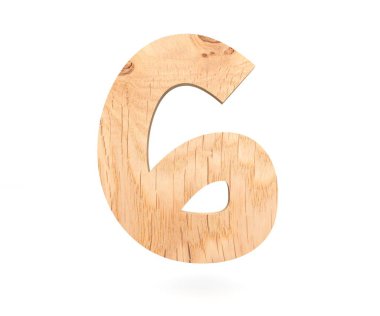 Dekoratif ahşap alfabe sayısı altı simgesi - 6. 3D render illüstrasyon. Beyaz arka plan üzerinde izole