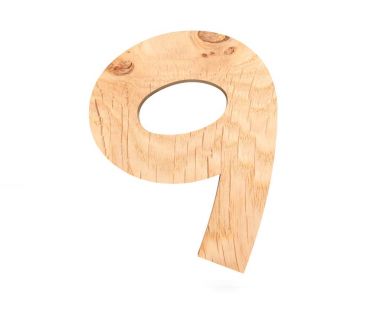Dekoratif ahşap alfabe sayısı dokuz simgesi - 9. 3D render illüstrasyon. Beyaz arka plan üzerinde izole