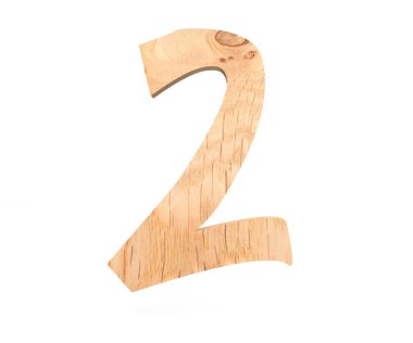 Dekoratif ahşap alfabe sayısı iki simgesi - 2. 3D render illüstrasyon. Beyaz arka plan üzerinde izole