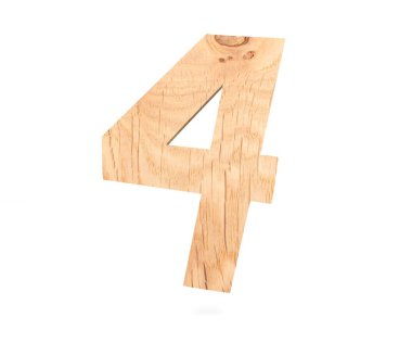 Dekoratif ahşap alfabe sayısı dört simgesi - 4. 3D render illüstrasyon. Beyaz arka plan üzerinde izole