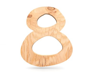 Dekoratif ahşap alfabe sayısı sekiz simgesi - 8. 3D render illüstrasyon. Beyaz arka plan üzerinde izole