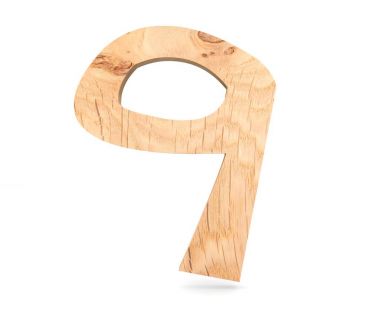 Dekoratif ahşap alfabe sayısı dokuz simgesi - 9. 3D render illüstrasyon. Beyaz arka plan üzerinde izole