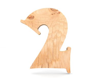 Dekoratif ahşap alfabe sayısı iki simgesi - 2. 3D render illüstrasyon. Beyaz arka plan üzerinde izole