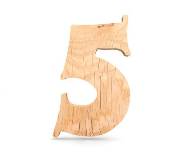 Dekoratif ahşap alfabe sayısı beş simgesi - 5. 3D render illüstrasyon. Beyaz arka plan üzerinde izole