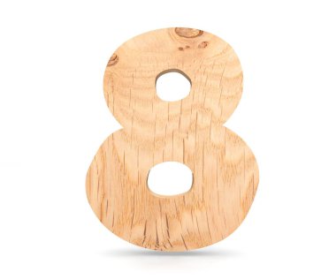 Dekoratif ahşap alfabe sayısı sekiz simgesi - 8. 3D render illüstrasyon. Beyaz arka plan üzerinde izole