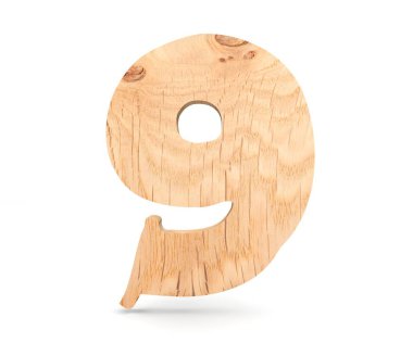 Dekoratif ahşap alfabe sayısı dokuz simgesi - 9. 3D render illüstrasyon. Beyaz arka plan üzerinde izole