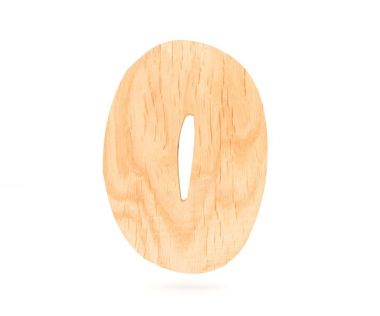 Dekoratif ahşap alfabe sayısı sıfır simgesi - 0. 3D render illüstrasyon. Beyaz arka plan üzerinde izole