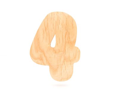 Dekoratif ahşap alfabe sayısı dört simgesi - 4. 3D render illüstrasyon. Beyaz arka plan üzerinde izole