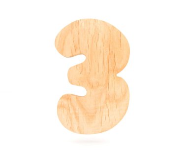 Dekoratif ahşap alfabe sayısı üç simgesi - 3. 3D render illüstrasyon. Beyaz arka plan üzerinde izole