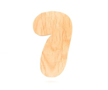 Dekoratif ahşap alfabe sayısı yedi simgesi - 7. 3D render illüstrasyon. Beyaz arka plan üzerinde izole