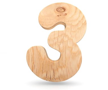 3D dekoratif ahşap alfabe sayısı üç simgesi - 3. Beyaz arka plan üzerinde izole