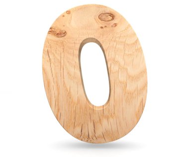 3D dekoratif ahşap alfabe sayısı sıfır simgesi - 0. Beyaz arka plan üzerinde izole