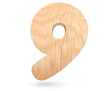 3D dekoratif ahşap alfabe sayısı dokuz simgesi - 9. Beyaz arka plan üzerinde izole