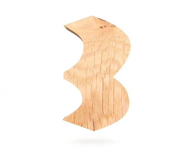 Декоративный деревянный алфавит цифра три символа - 3. 3d визуализация иллюстрации. Изолированный на белом фоне — стоковое фото