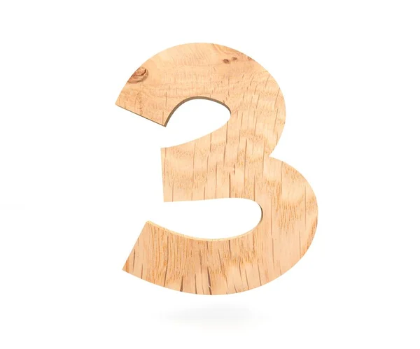 Alfabeto de madeira decorativa dígito três símbolo - 3. ilustração de renderização 3d. Isolado sobre fundo branco — Fotografia de Stock