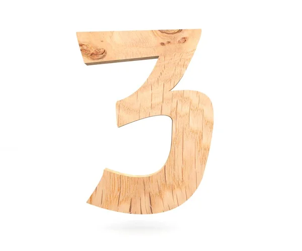 Decoratieve houten alfabet cijfer drie symbool - 3. 3D rendering illustratie. Geïsoleerd op witte achtergrond — Stockfoto