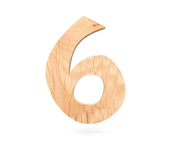 Decorative wooden alphabet digit six symbol - 6. 3d rendering illustration. Isolated on white background — Stock Photo, Image