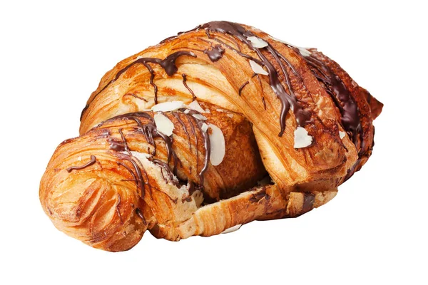 Croissant recién horneado decorado con salsa de chocolate aislado sobre fondo blanco, vista superior — Foto de Stock