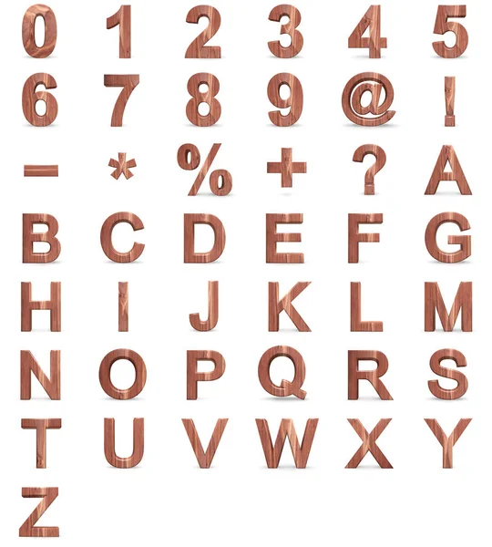 3d 装饰木制字母、 大写字母和数字从 0 到 9. — 图库照片