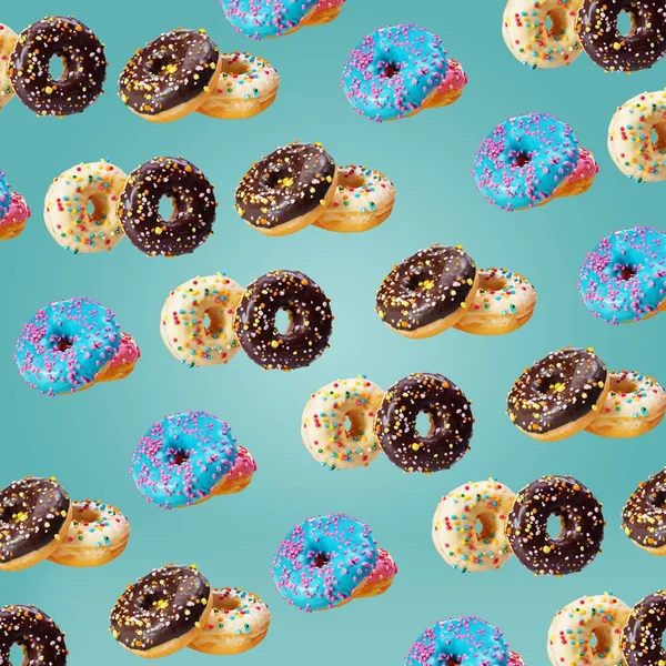 Blå glaserade donut mönster på blå pastell bakgrund. Kreativa koncept. — Stockfoto