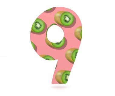 Dekoratif alfabe sayısı bir simgesi kivi desen-9 kullanılır. 3D render illüstrasyon. Beyaz arka plan üzerinde izole