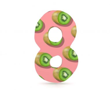 Dekoratif alfabe sayısı bir simgesi kivi desen-8 kullanılır. 3D render illüstrasyon. Beyaz arka plan üzerinde izole