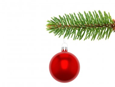 Beyaz bir arka plan üzerinde izole bir yaprak dökmeyen ağaç dalı kenarına asılı kırmızı bir Noel top süsleme 3D çizim Closeup.