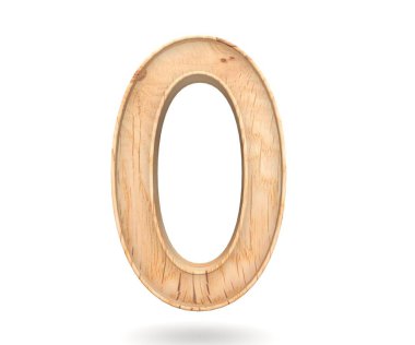 Dekoratif ahşap alfabe sayısı sıfır simgesi - 0. 3D render illüstrasyon. Beyaz arka plan üzerinde izole