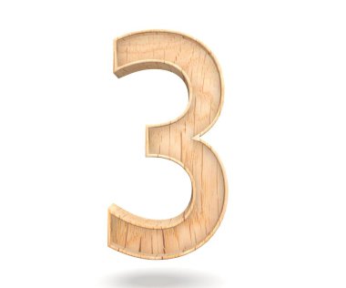 Dekoratif ahşap alfabe sayısı üç simgesi - 3. 3D render illüstrasyon. Beyaz arka plan üzerinde izole